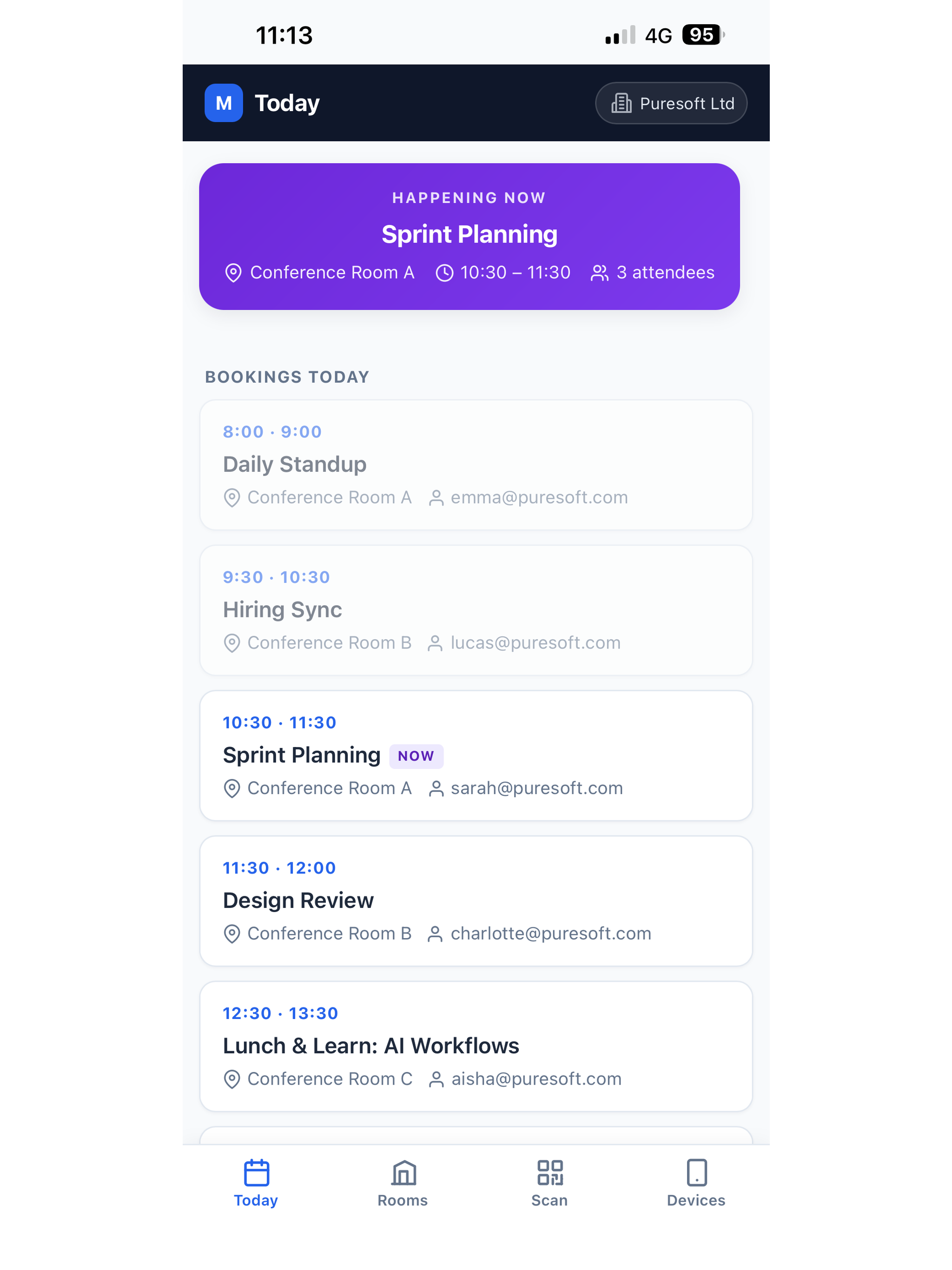 Meet Me At Work app showing today's bookings