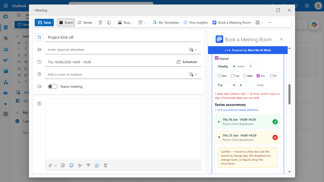The add-in resolving a recurring series conflict, with one occurrence flagged and per-date fix options