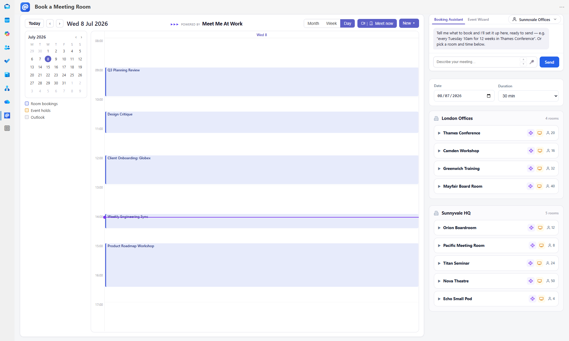The Meet Me At Work booking tab pinned in Teams and Outlook, showing a day calendar of room bookings alongside the booking assistant and the list of rooms across every site